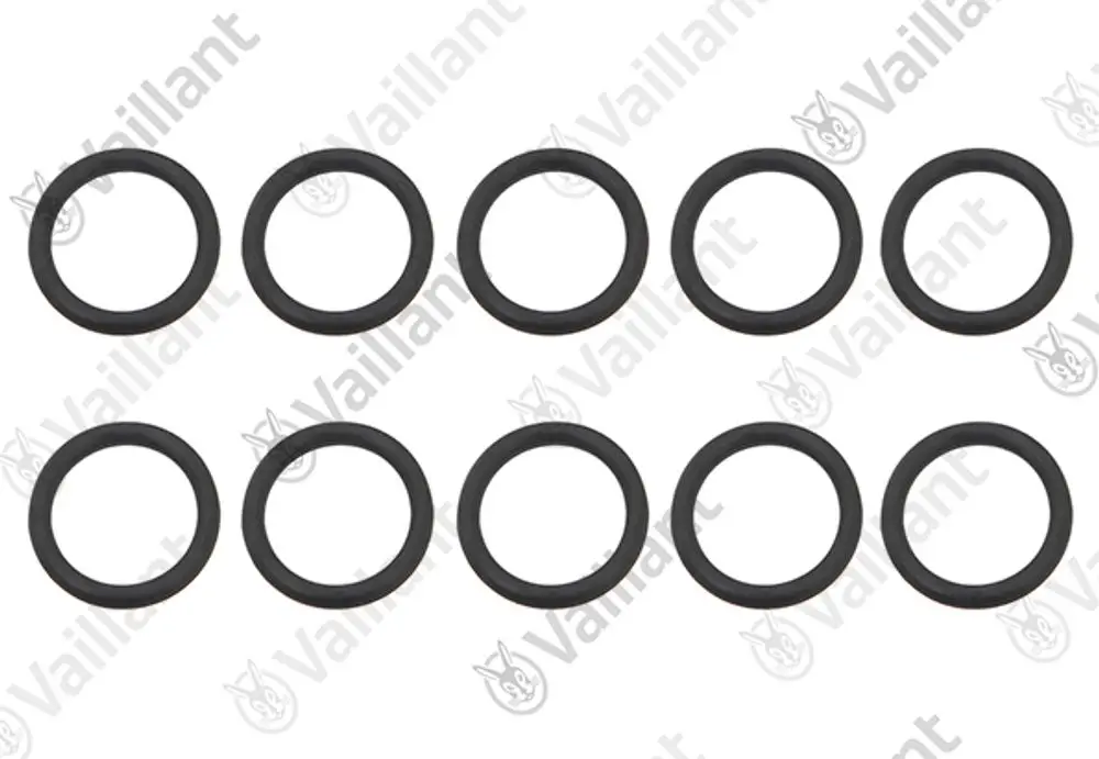Vaillant O-Ringe in schwarzer Farbe, angeordnet in zwei Reihen. Zehn gleichmäßige Ringe ohne erkennbare Maße oder weitere Details.